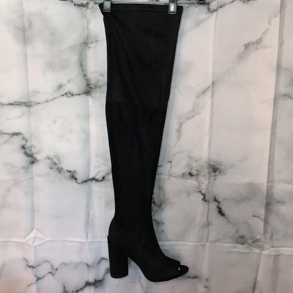 8 Take Me Higher Black Over The Knee Peep Toe Heeled Boots - Picture 4 of 13